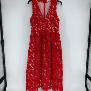 CROSBY by Mollie Burch Red Floral Midi Dress Pockets Womens Size 4